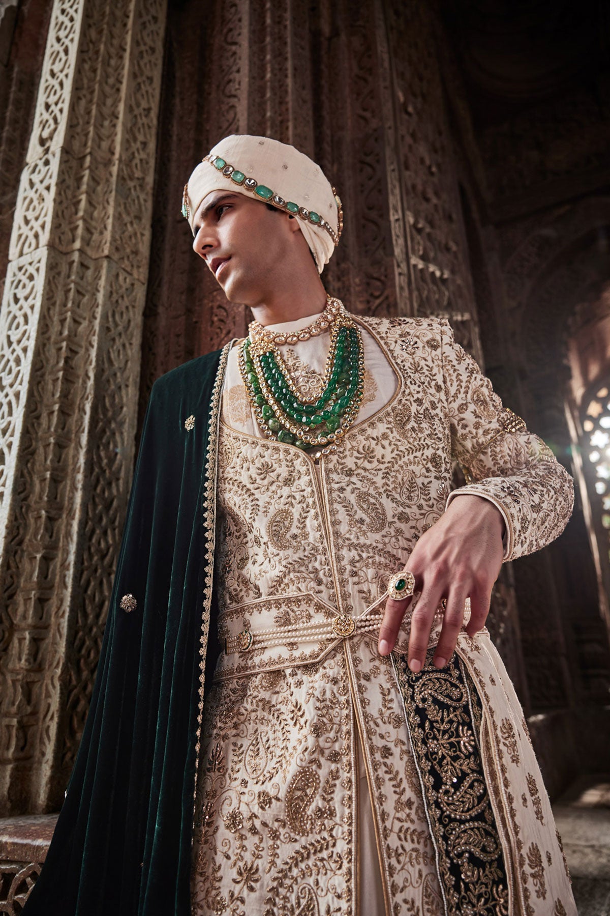 Cream Zari Embroidered Silk & Velvet Sherwani (3-Piece) - Image 3