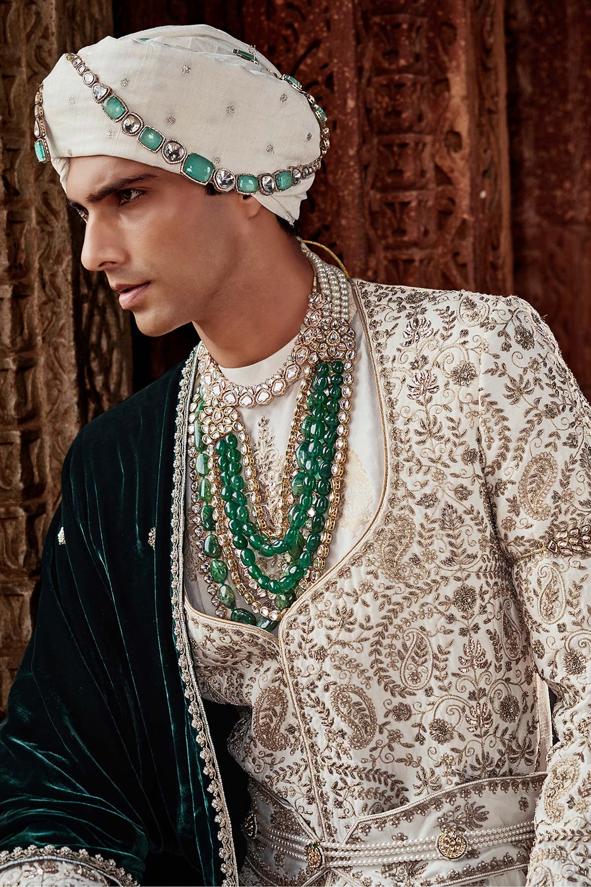 Cream Zari Embroidered Silk & Velvet Sherwani (3-Piece) - Image 4