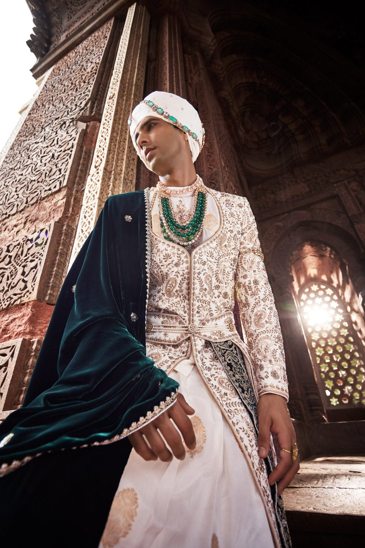 Cream Zari Embroidered Silk & Velvet Sherwani (3-Piece) - Image 6