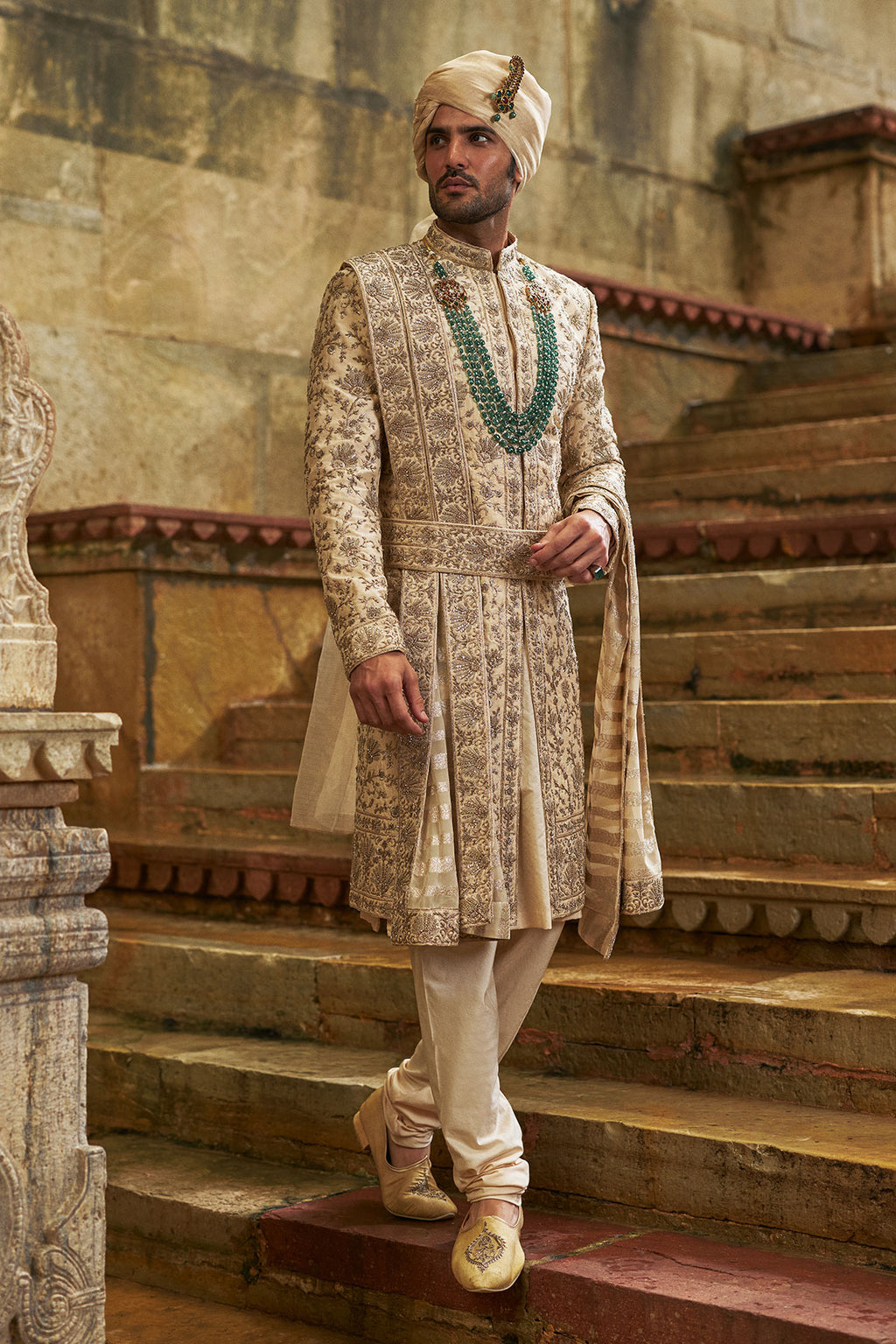 Cream Zardozi Taffeta Silk Sherwani (3-Piece) - Image 1