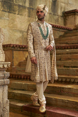 Cream Zardozi Taffeta Silk Sherwani (3-Piece) - Image 2