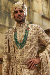 Cream Zardozi Taffeta Silk Sherwani (3-Piece) - Image 3