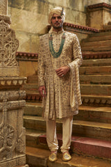 Cream Zardozi Taffeta Silk Sherwani (3-Piece) - Image 4