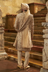 Cream Zardozi Taffeta Silk Sherwani (3-Piece) - Image 6