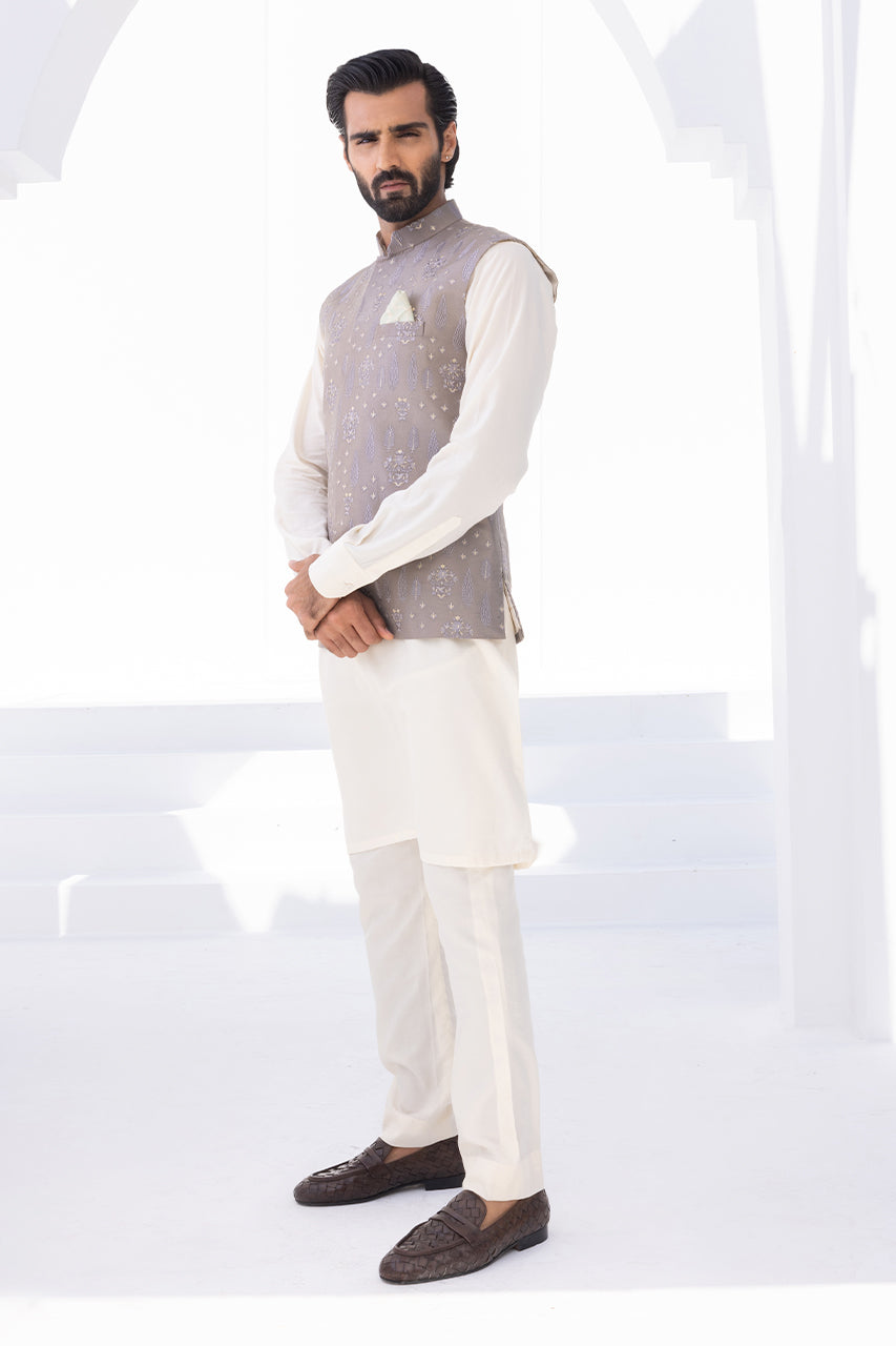 Cream Boski Kurta with Grey Embroidered Waistcoat (3-Piece) - Image 2