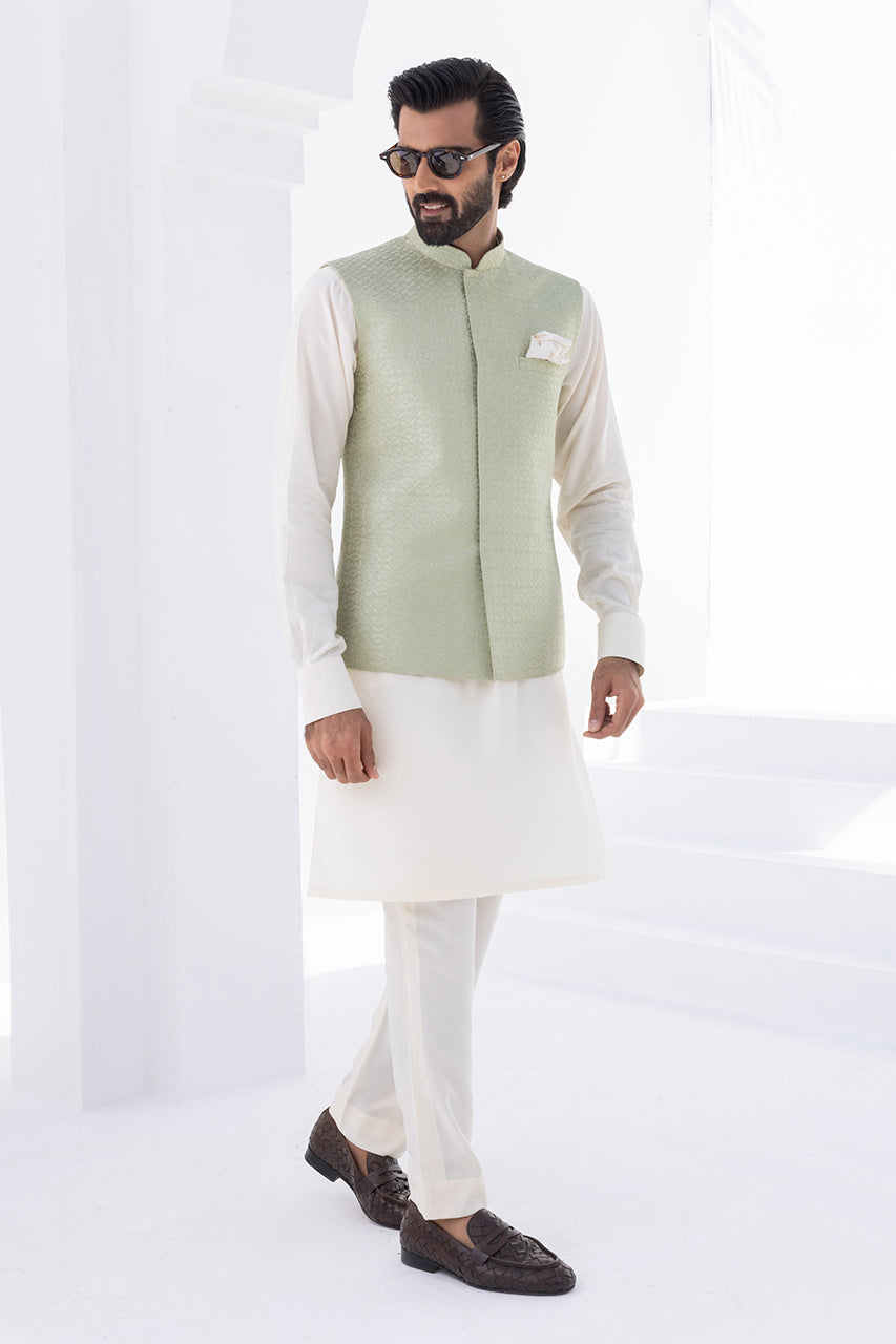 Cream Boski Kurta with Mint Embroidered Waistcoat (3-Piece) - Image 3