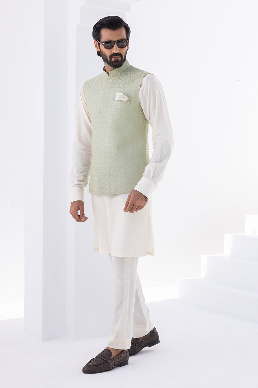 Cream Boski Kurta with Mint Embroidered Waistcoat (3-Piece) - Image 4
