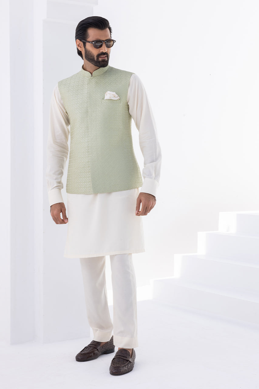 Cream Boski Kurta with Mint Embroidered Waistcoat (3-Piece) - Image 6