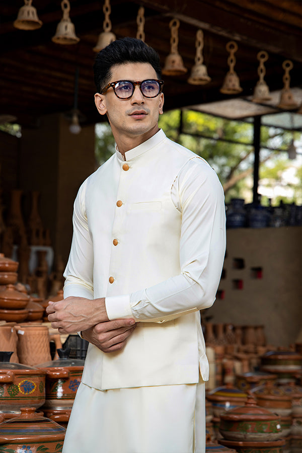 Cream Boski Waistcoat Kurta Set (3-Piece) - Image 1