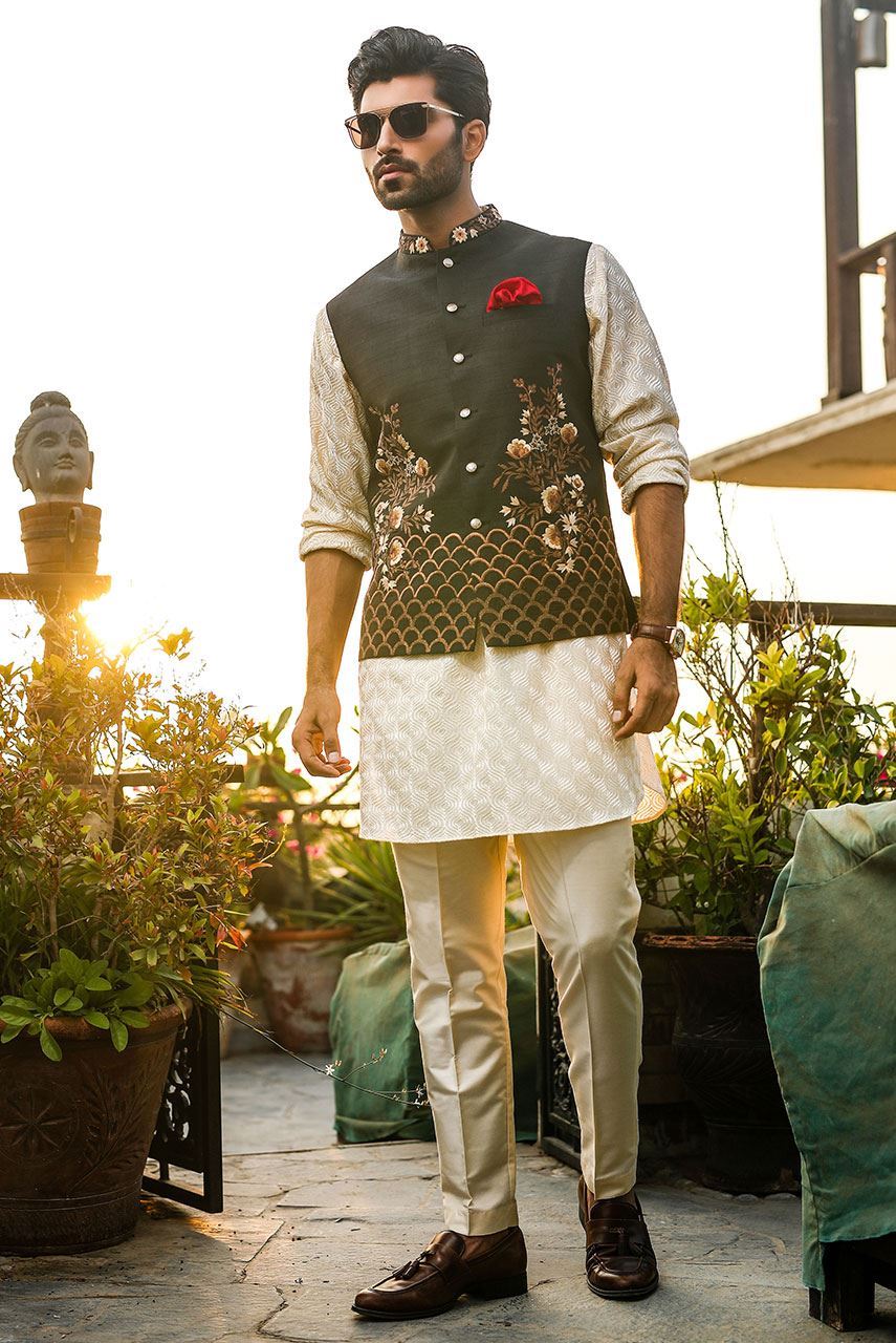 Cream Embroidered Chiffon Kurta with Black Waistcoat (3-Piece) - Image 1