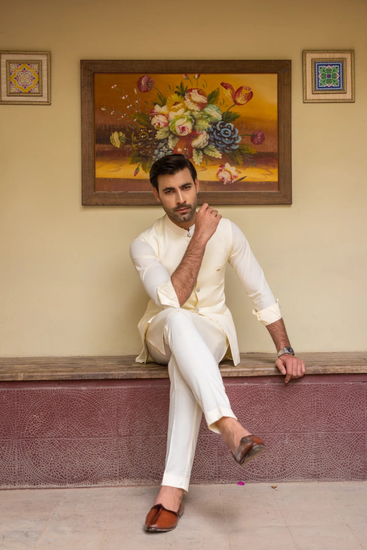 Cream Cotton-Polyester Waistcoat Kurta Set (3-Piece) - Image 3