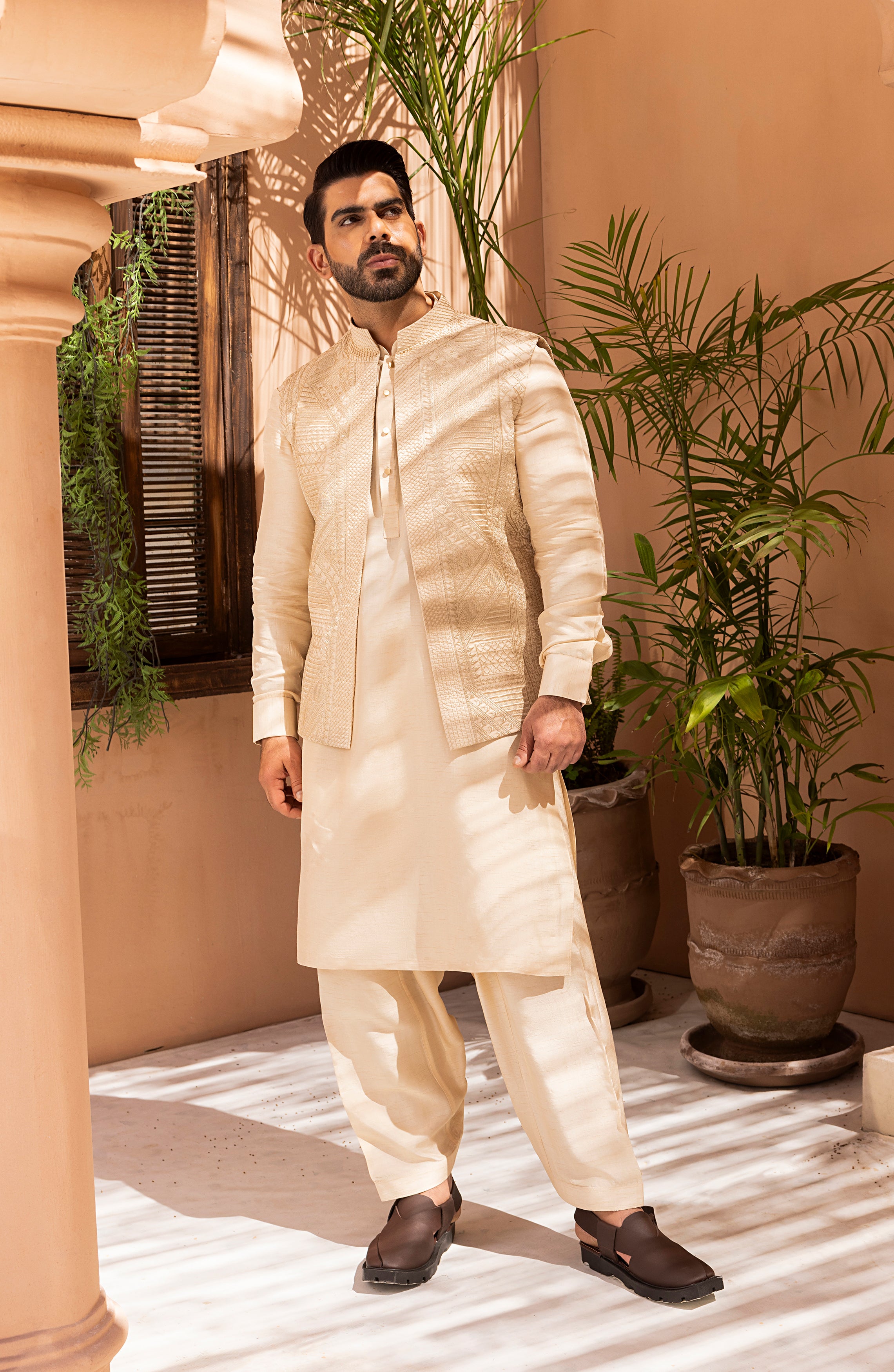 Creme Self-Embroidered Cotton-Silk Waistcoat Kurta (3-Piece) - Image 1