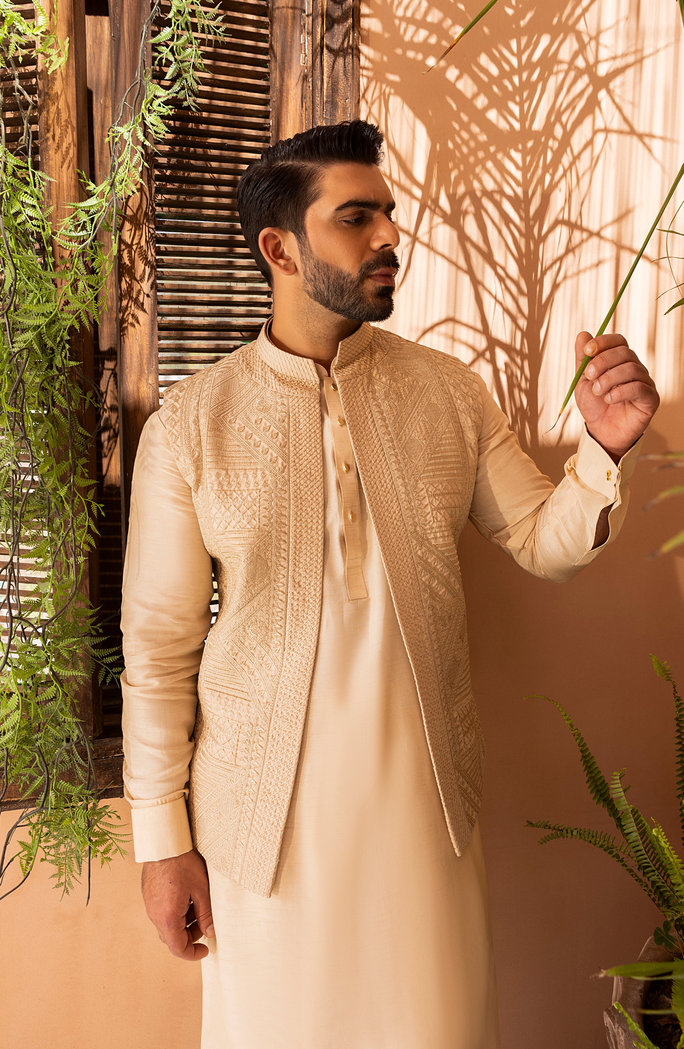 Creme Self-Embroidered Cotton-Silk Waistcoat Kurta (3-Piece) - Image 6