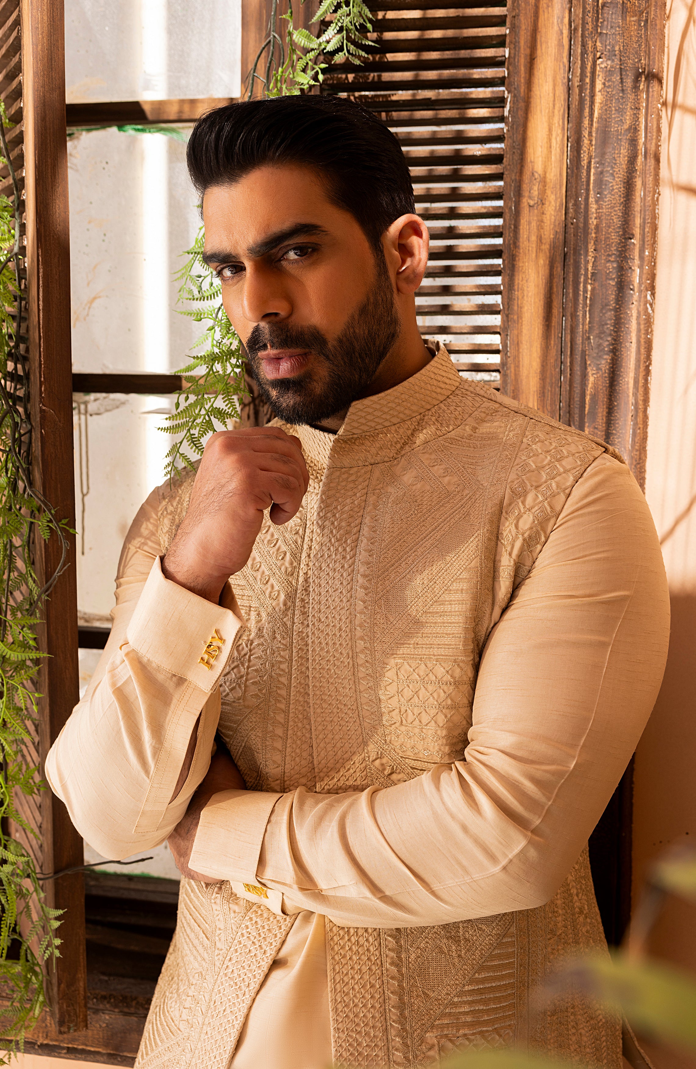 Creme Self-Embroidered Cotton-Silk Waistcoat Kurta (3-Piece) - Image 8