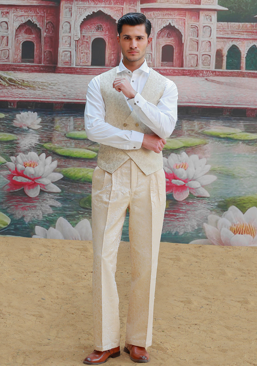 Creme Brulee Jamawar Waistcoat Set (3-Piece) - Image 1