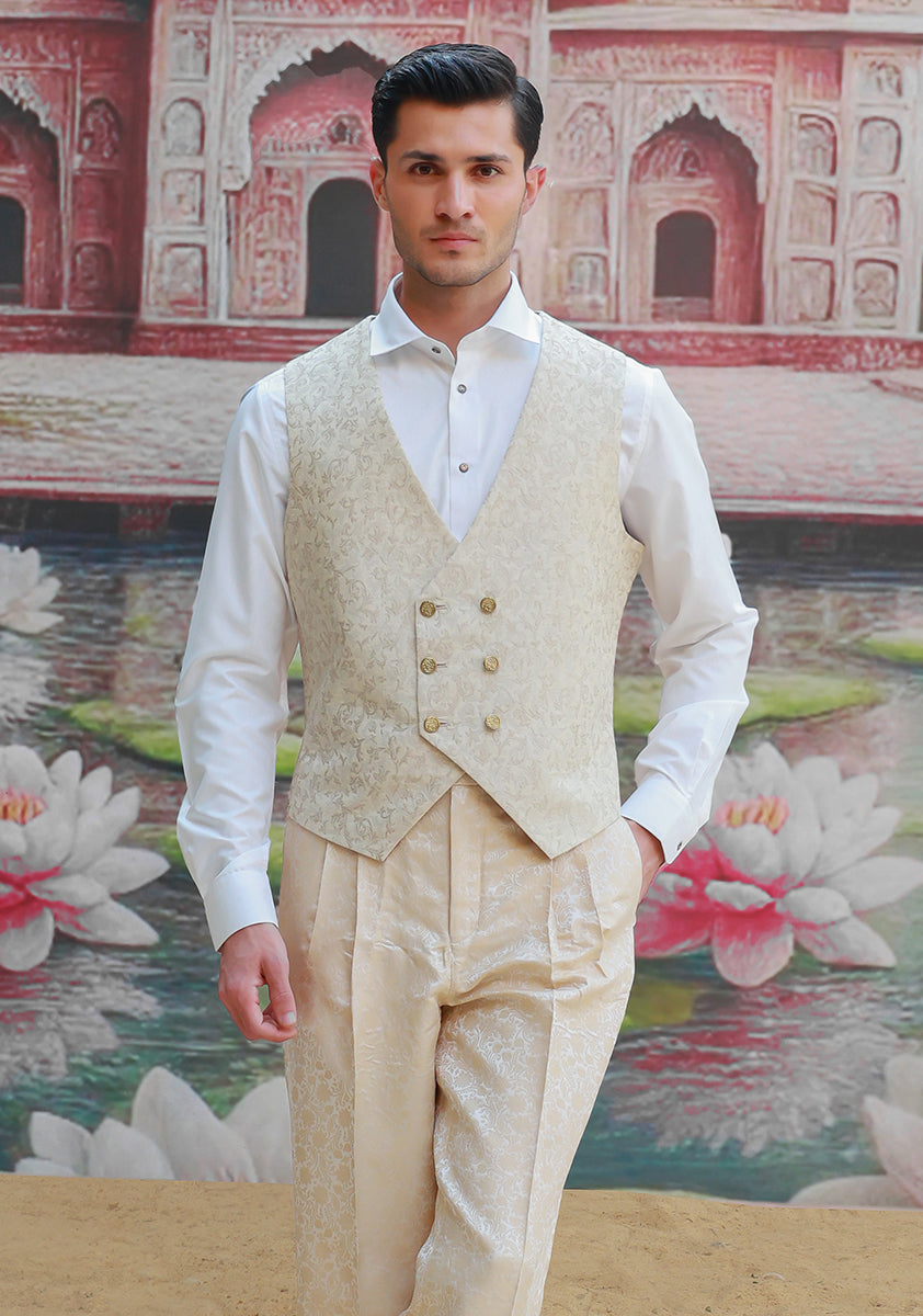 Creme Brulee Jamawar Waistcoat Set (3-Piece) - Image 2