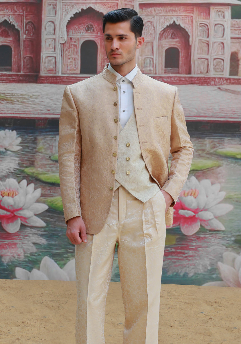 Creme Brulee Jamawar Waistcoat Set (3-Piece) - Image 3