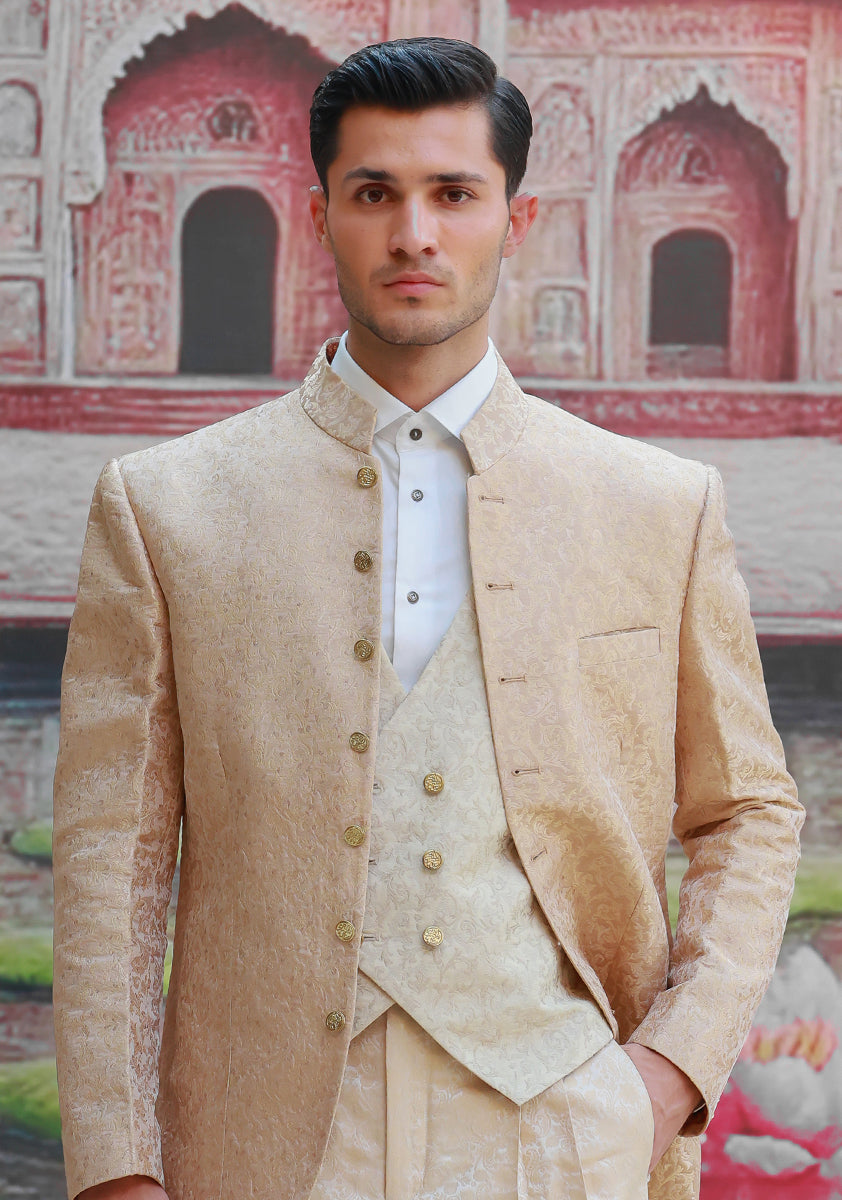 Creme Brulee Jamawar Waistcoat Set (3-Piece) - Image 4