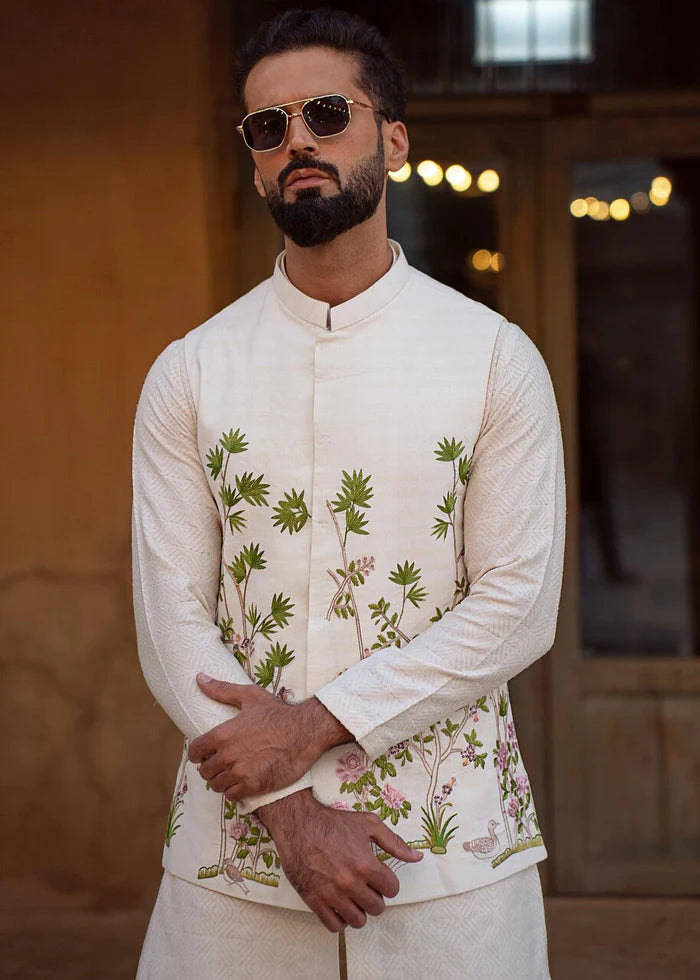 Cream Embroidered Linen Waistcoat Kurta Set (3-Piece) - Image 1