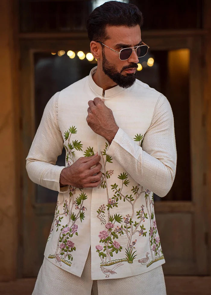 Cream Embroidered Linen Waistcoat Kurta Set (3-Piece) - Image 2