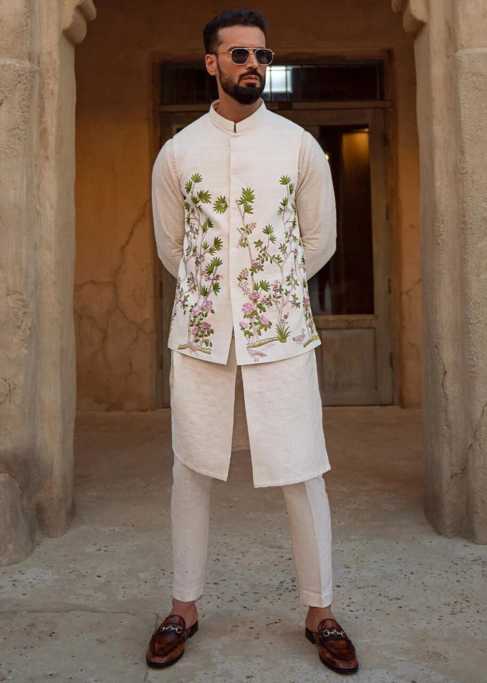Cream Embroidered Linen Waistcoat Kurta Set (3-Piece) - Image 3