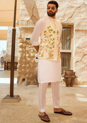 Cream Multi-Colour Embroidered Linen Waistcoat Kurta (3-Piece) - Image 2