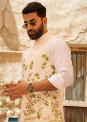Cream Multi-Colour Embroidered Linen Waistcoat Kurta (3-Piece) - Image 3