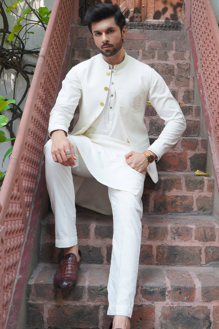 Cream Embroidered Poly Viscose Waistcoat (3-Piece) - Image 1