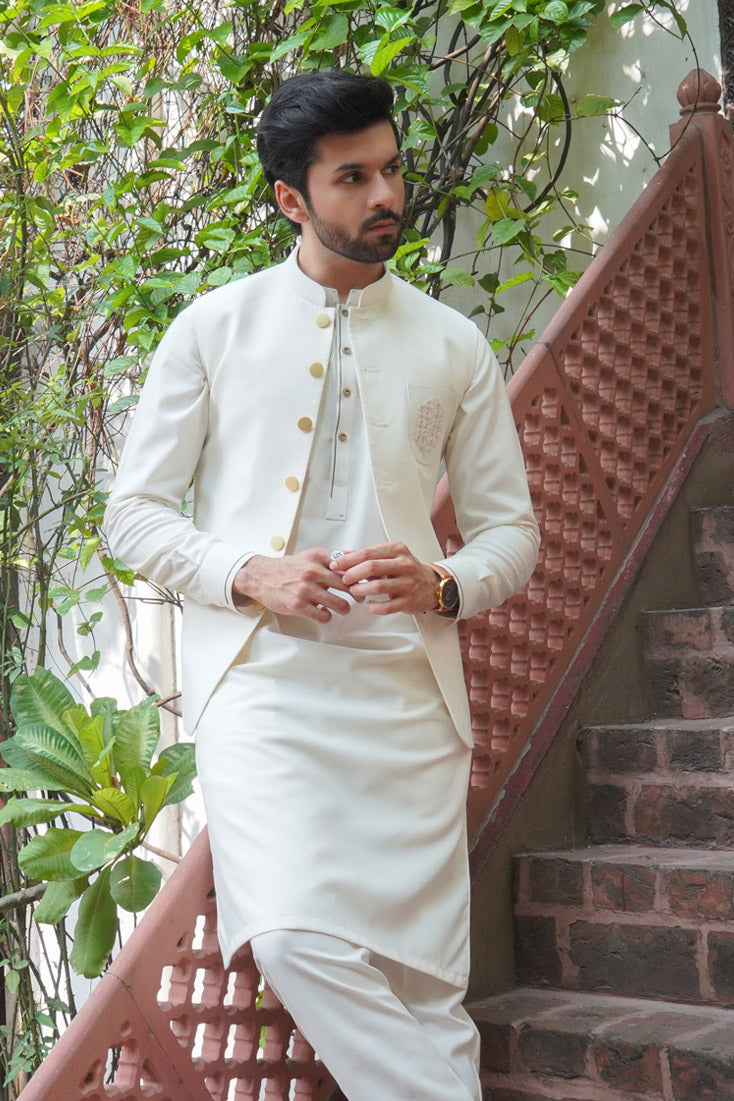 Cream Embroidered Poly Viscose Waistcoat (3-Piece) - Image 2