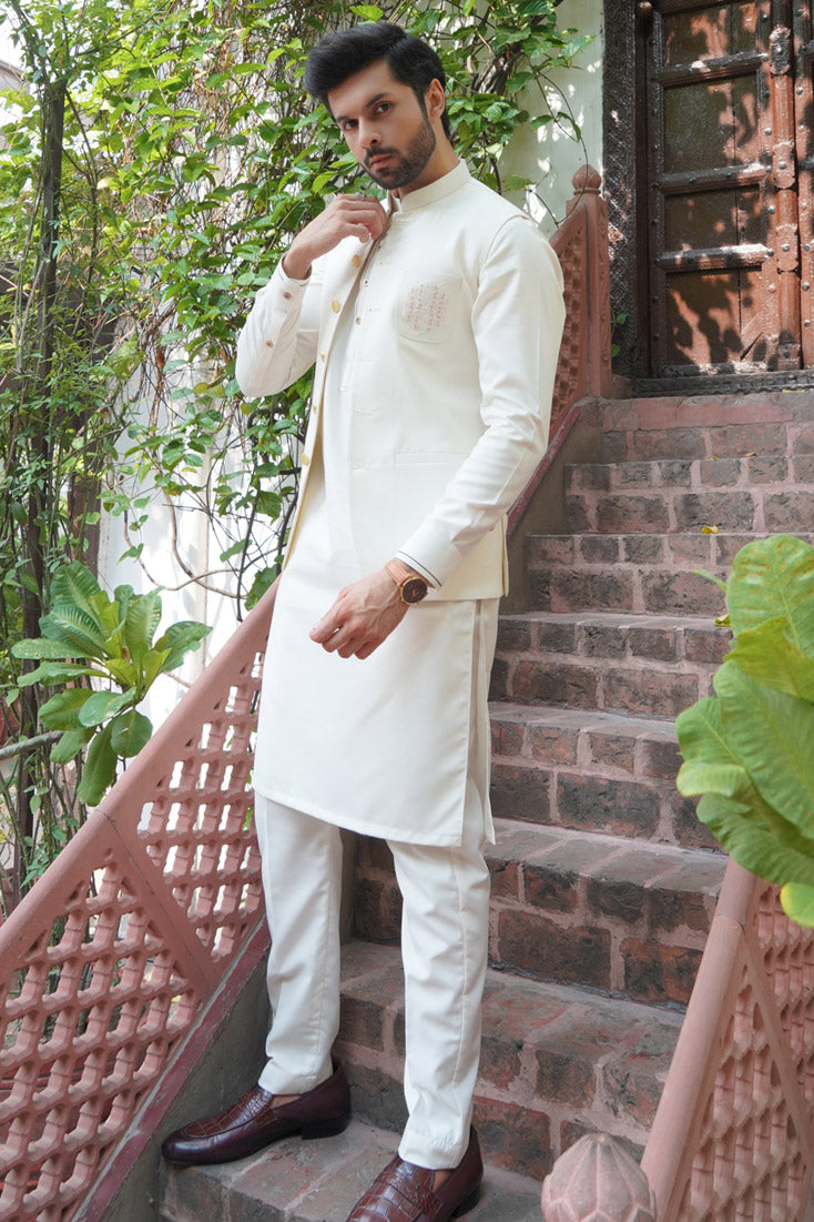 Cream Embroidered Poly Viscose Waistcoat (3-Piece) - Image 3