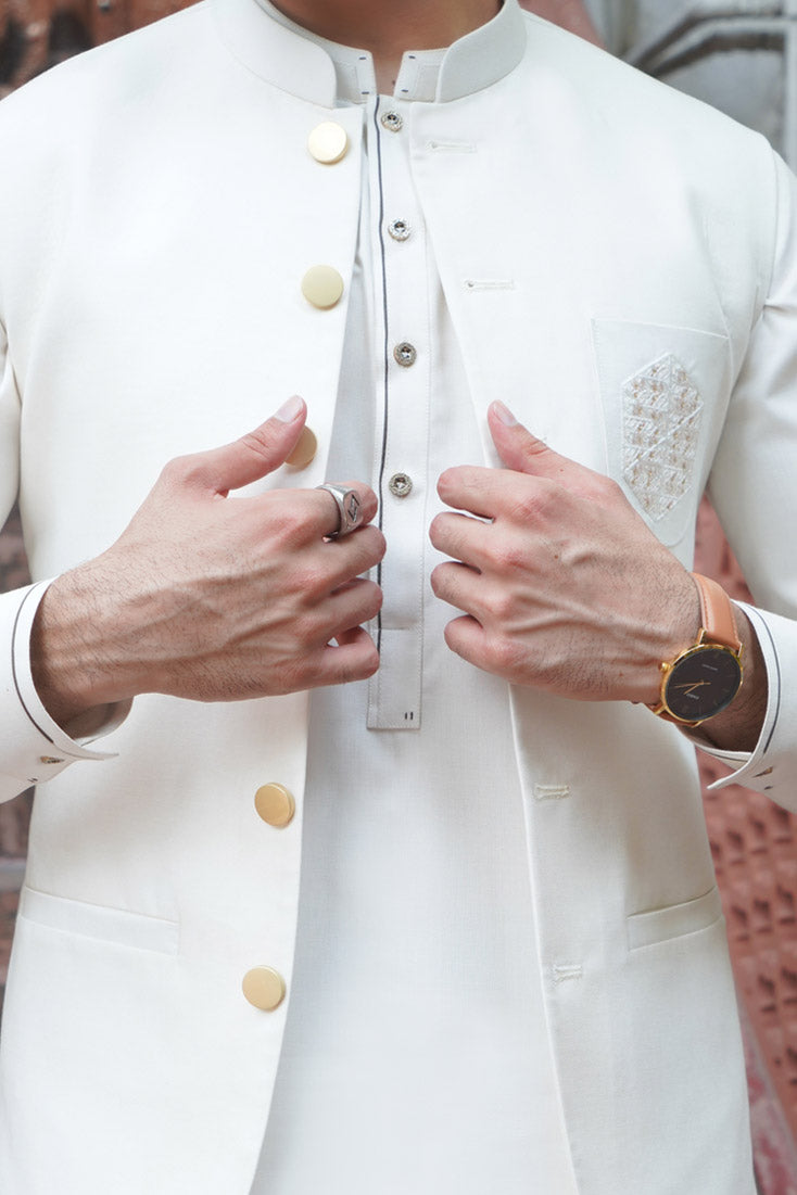 Cream Embroidered Poly Viscose Waistcoat (3-Piece) - Image 4