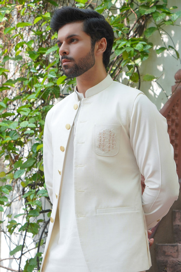 Cream Embroidered Poly Viscose Waistcoat (3-Piece) - Image 5