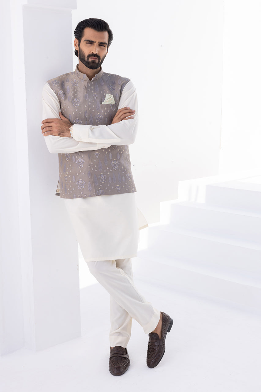 Cream Boski Kurta with Grey Embroidered Waistcoat (2-Piece) - Image 1