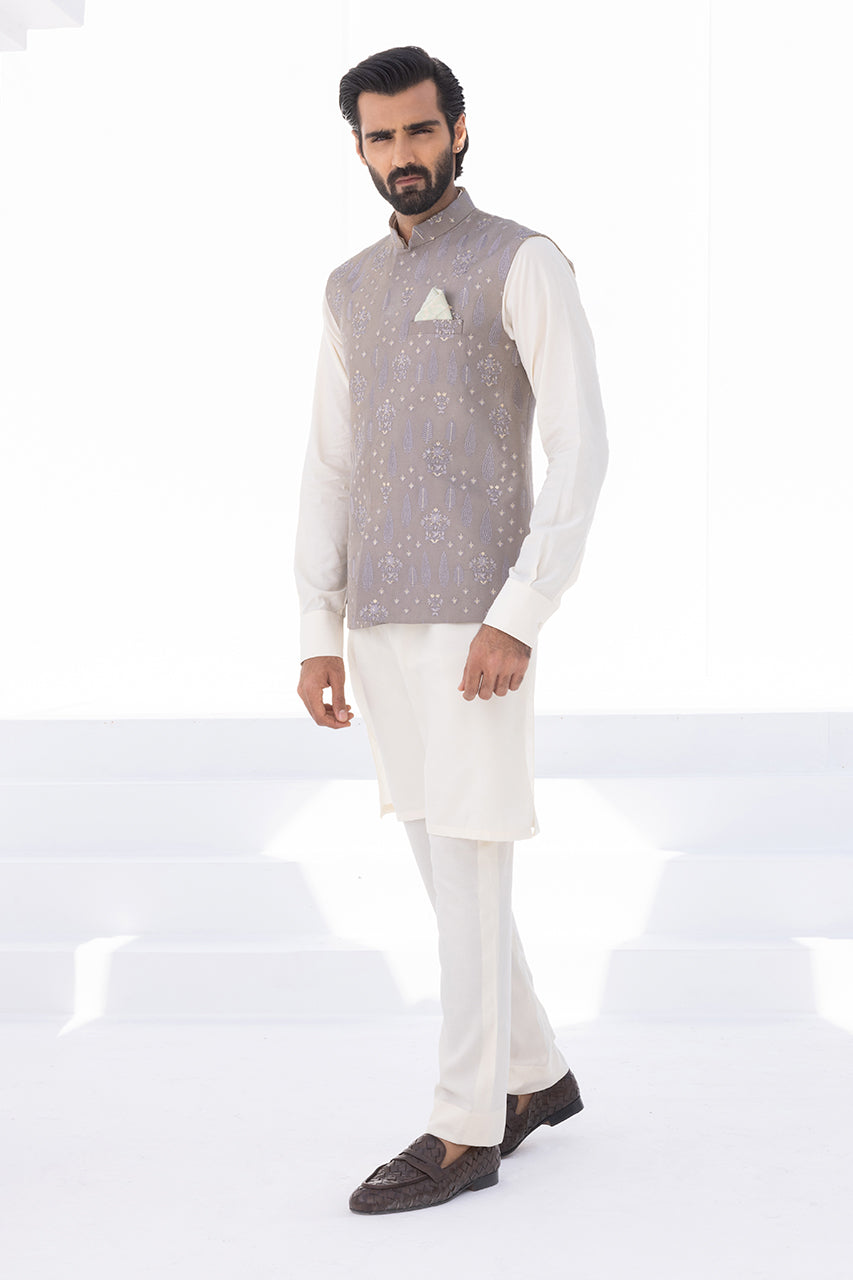Cream Boski Kurta with Grey Embroidered Waistcoat (2-Piece) - Image 3