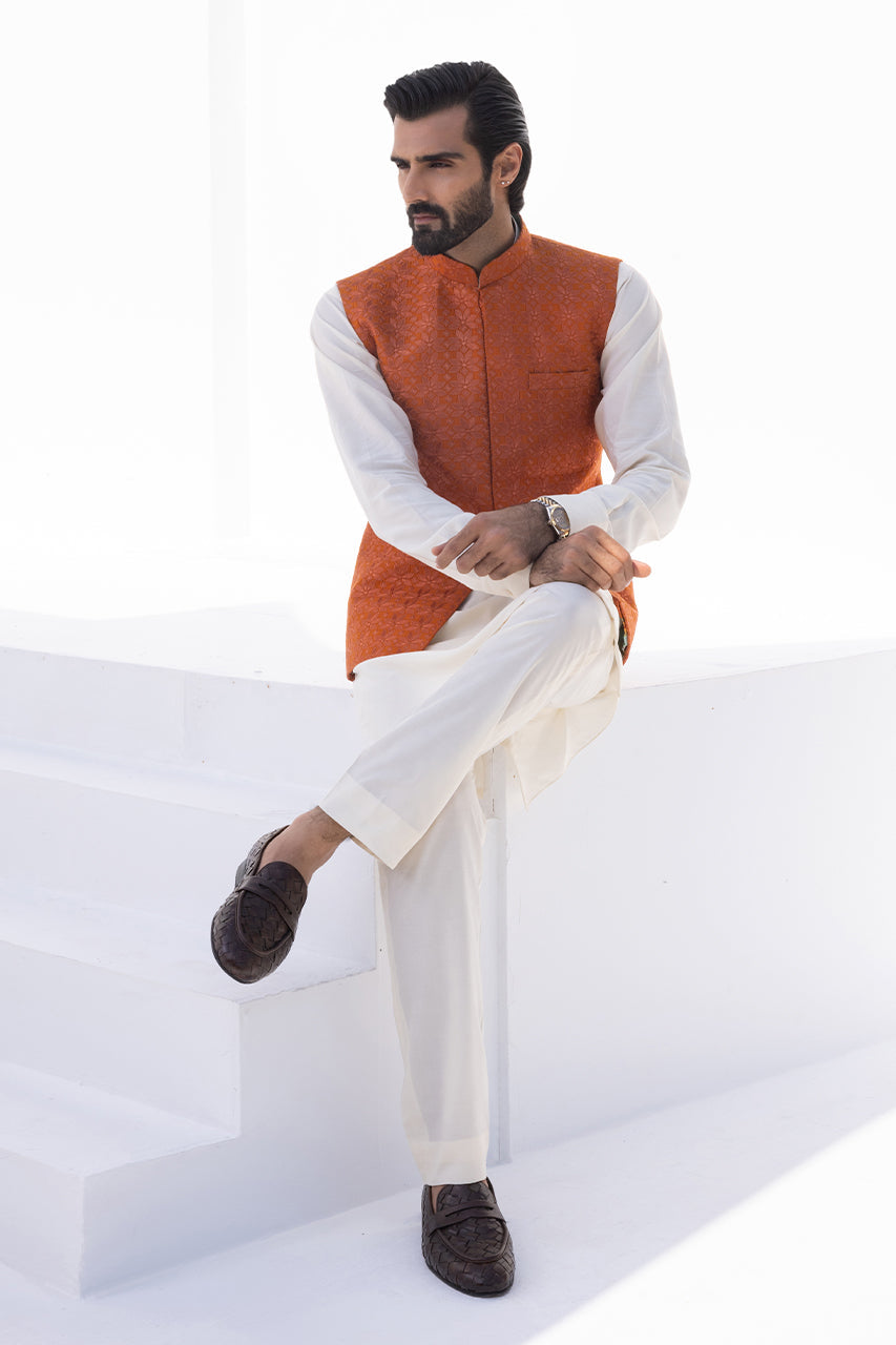 Cream Boski Kurta with Burnt Orange Embroidered Waistcoat (3-Piece) - Image 2