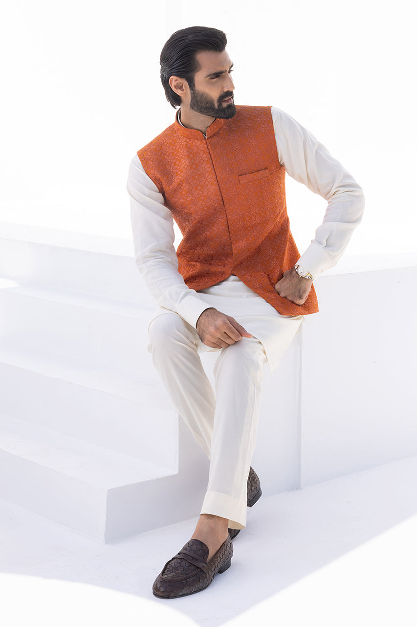Cream Boski Kurta with Burnt Orange Embroidered Waistcoat (3-Piece) - Image 3