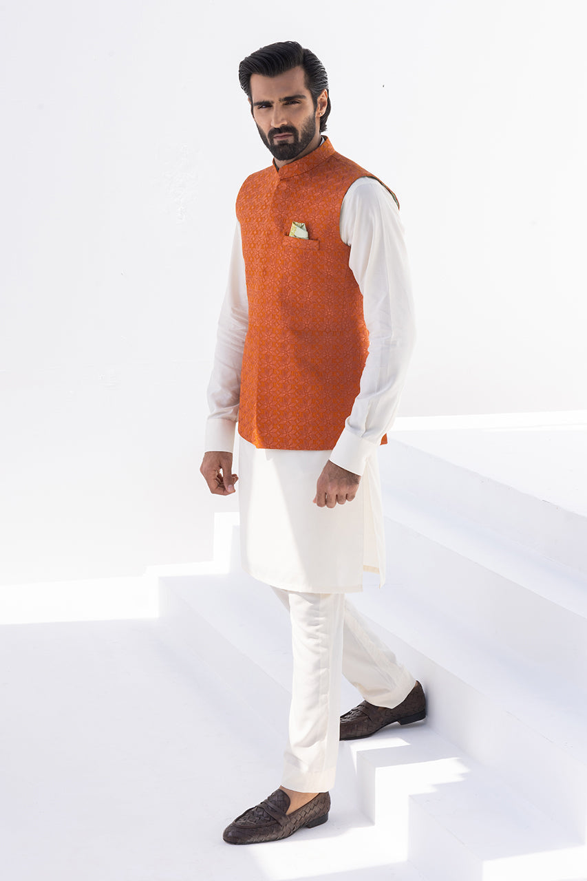 Cream Boski Kurta with Burnt Orange Embroidered Waistcoat (3-Piece) - Image 4