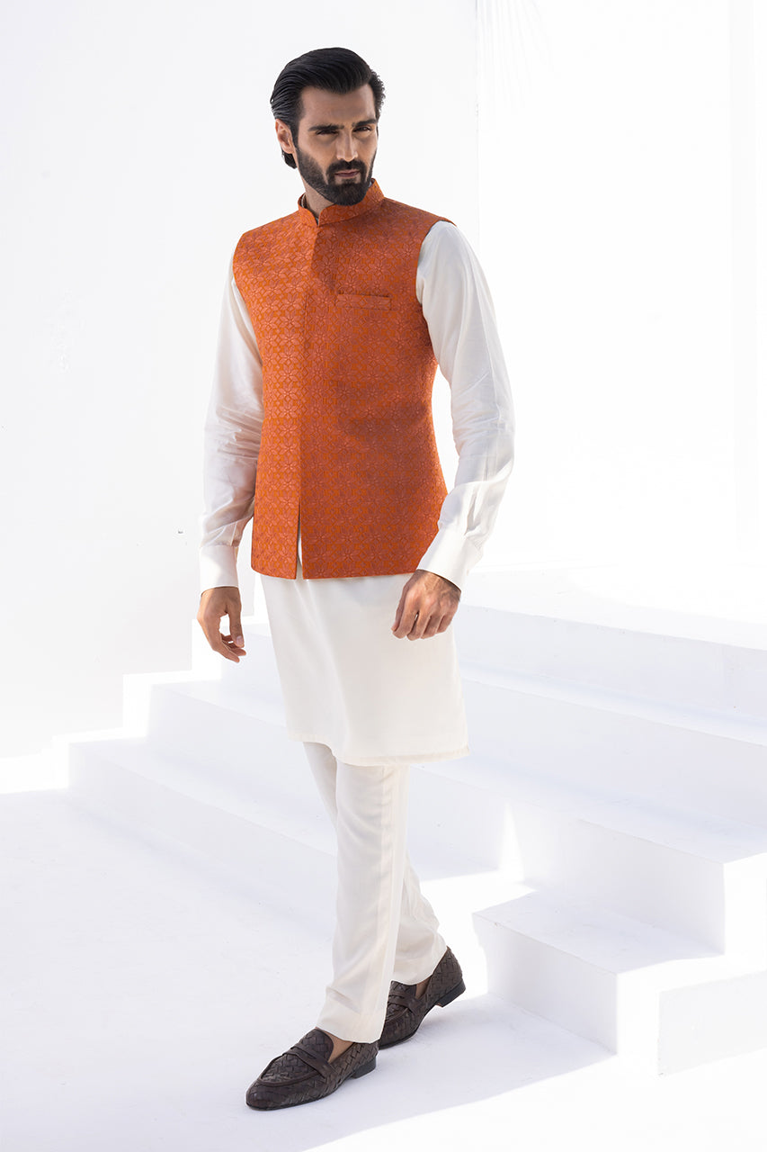 Cream Boski Kurta with Burnt Orange Embroidered Waistcoat (3-Piece) - Image 6