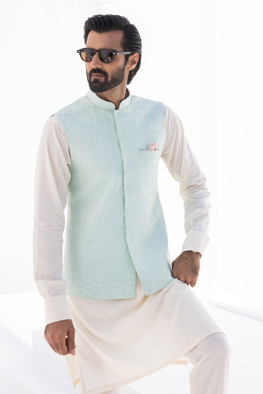 Cream Boski Kurta with Embroidered Raw Silk Waistcoat (3-Piece) - Image 2