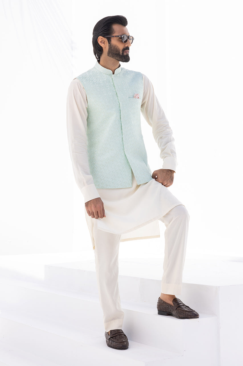 Cream Boski Kurta with Embroidered Raw Silk Waistcoat (3-Piece) - Image 5