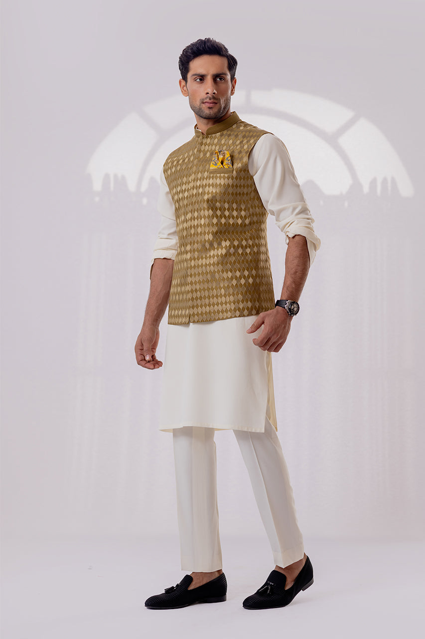 Cream Boski Waistcoat Kurta Set (3-Piece) - Image 1