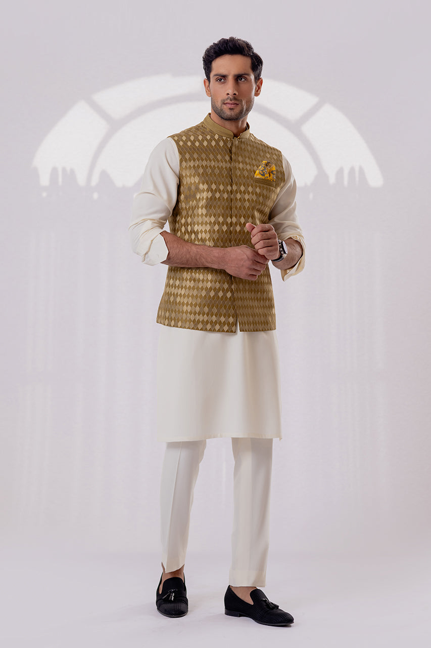 Cream Boski Waistcoat Kurta Set (3-Piece) - Image 3
