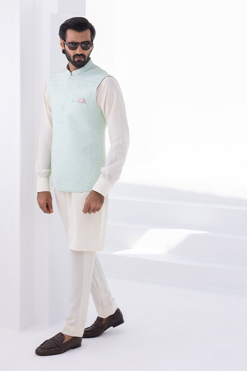 Cream Boski Kurta with Embroidered Raw Silk Waistcoat (3-Piece) - Image 1