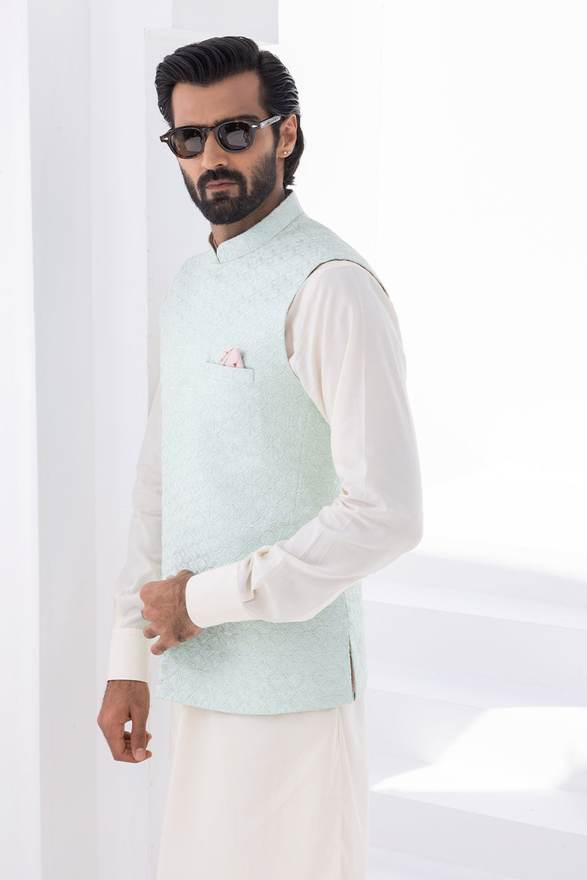 Cream Boski Kurta with Embroidered Raw Silk Waistcoat (3-Piece) - Image 3