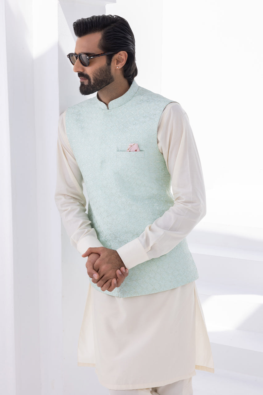 Cream Boski Kurta with Embroidered Raw Silk Waistcoat (3-Piece) - Image 5