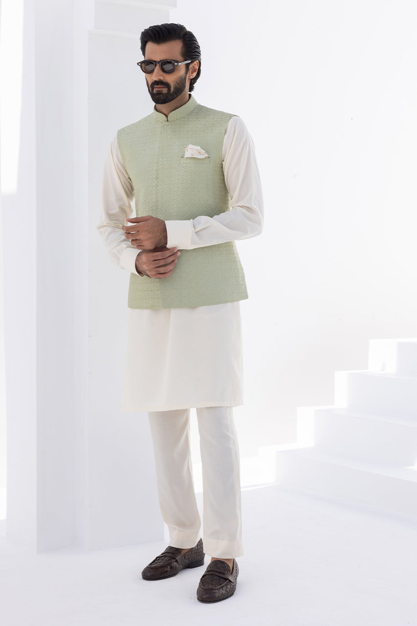 Cream Boski Kurta with Mint Embroidered Waistcoat (3-Piece) - Image 1