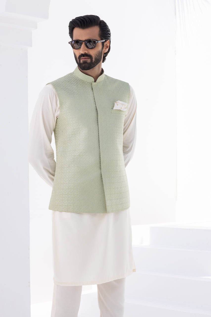 Cream Boski Kurta with Mint Embroidered Waistcoat (3-Piece) - Image 2