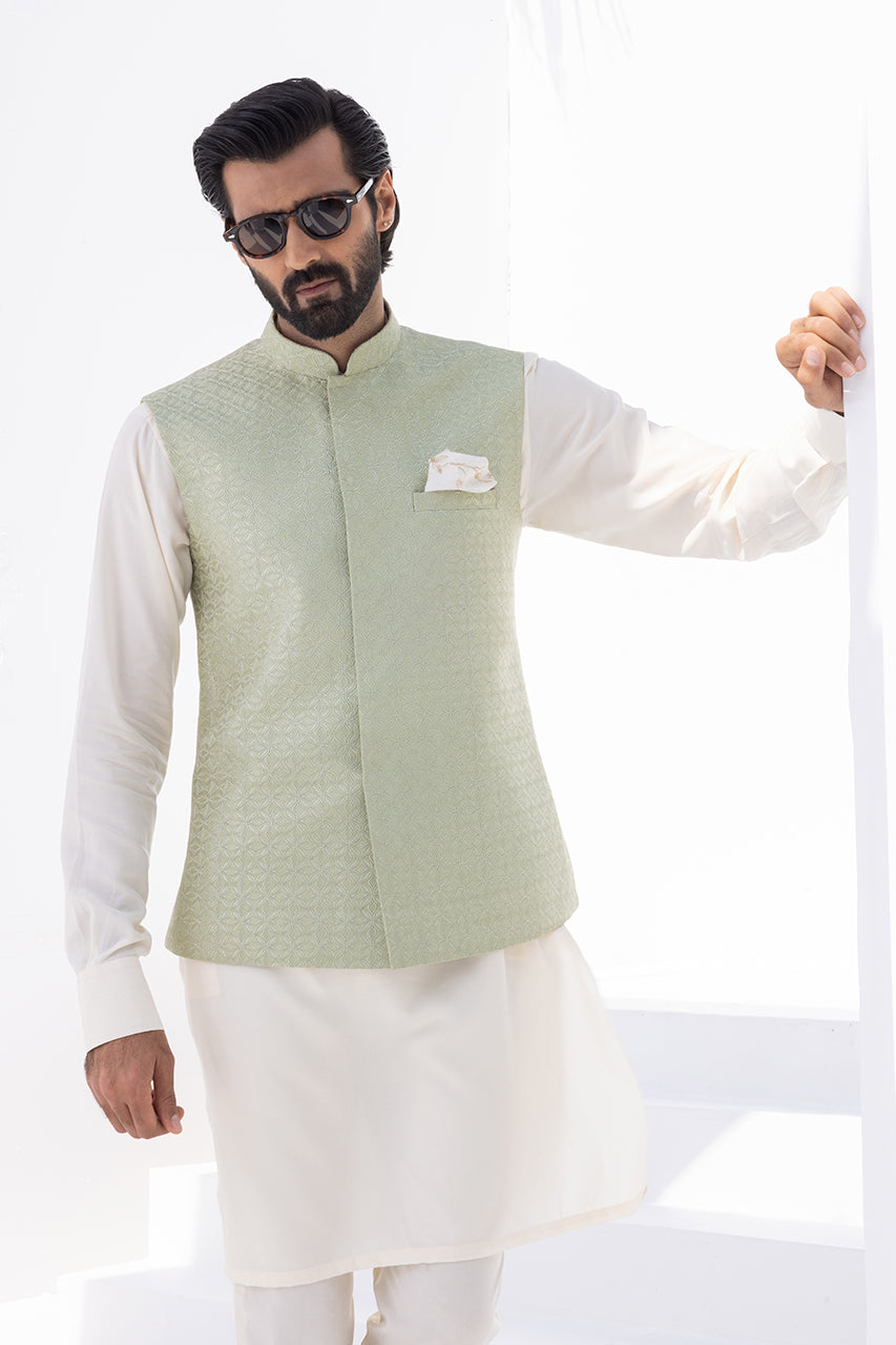Cream Boski Kurta with Mint Embroidered Waistcoat (3-Piece) - Image 5