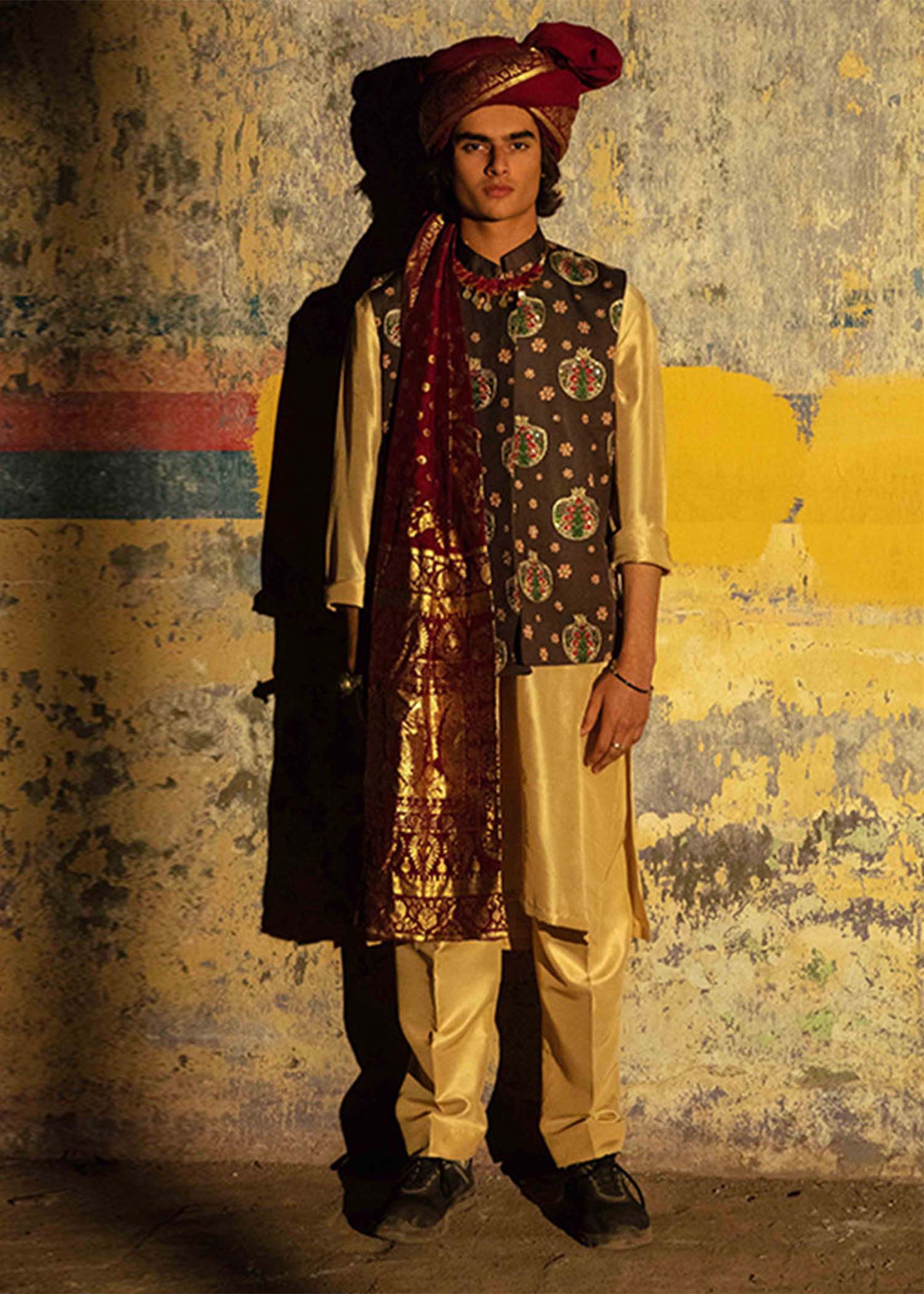 Cream Embroidered Raw Silk Waistcoat Kurta (3-Piece) - Image 1