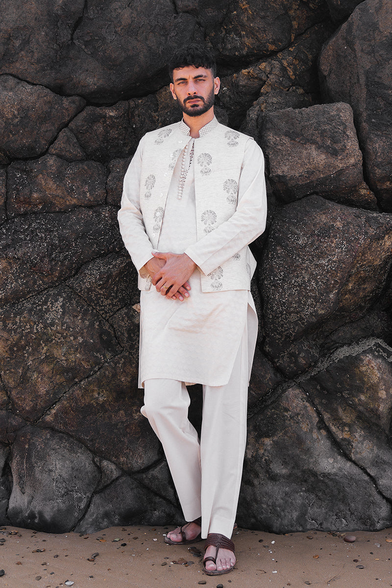 Cream Block Printed Woven Waistcoat Kurta (3-Piece) - Image 1